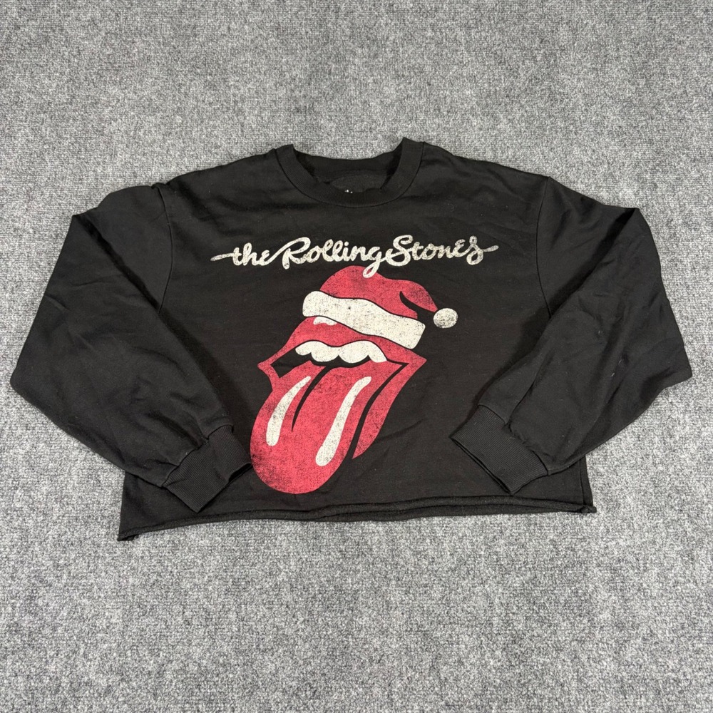 Rolling Stones Christmas Cropped Black Sweatshirt Santa Tongue Logo Large